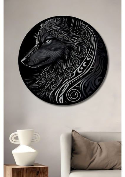 Büyülü Kurt Tribal Desenli Yağlı Boya Görünümlü Ahşap Dekoratif Tablo Yuvarlak Tablo fiyatları