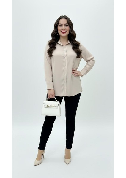 Kadın Büyük Beden Uzun Kollu Önde Ara Biye Detaylı Dökümlü Kumaş Gömlek 1991