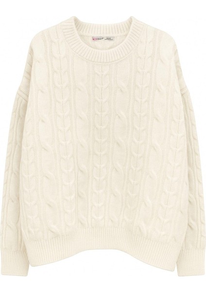 6986 Kadın Oversize Saç Örgü Yumuşak Dokulu Triko Kazak Naturel