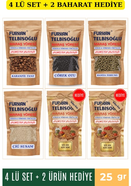 Çörek Otu 25GR + Çiğ Susam 25GR + Karanfil 25GR + Bamya Tohumu 25GR + 2 Baharat Hediye