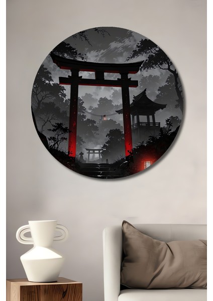 Kara Kalem Görünümlü Japon Bahçesi Ahşap Dekoratif Tablo Yuvarlak Tablo