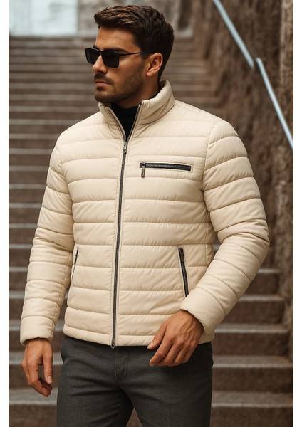 Erkek Kışlık Basic Dik Yaka Fermuarlı Krem Şişme Mont