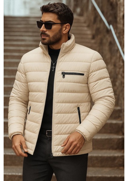 Erkek Kışlık Basic Dik Yaka Fermuarlı Krem Şişme Mont fiyatları