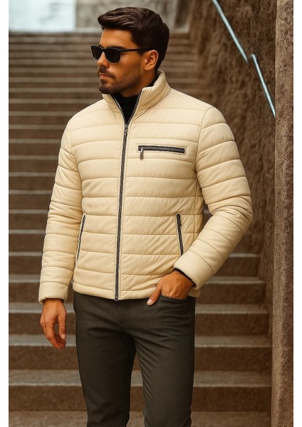 Erkek Kışlık Basic Dik Yaka Fermuarlı Krem Şişme Mont modelleri