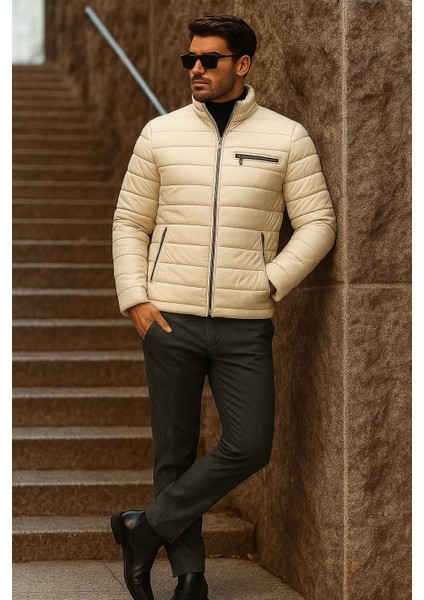 Erkek Kışlık Basic Dik Yaka Fermuarlı Krem Şişme Mont fırsatları