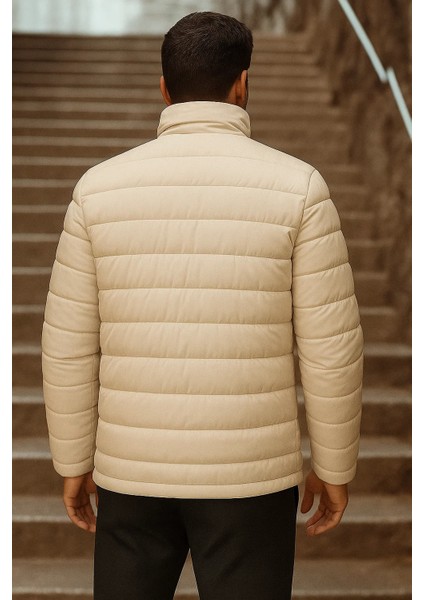 Erkek Kışlık Basic Dik Yaka Fermuarlı Krem Şişme Mont
