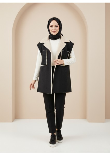 Kürklü Süet Üstten Çift Cepli Yelek-Siyah