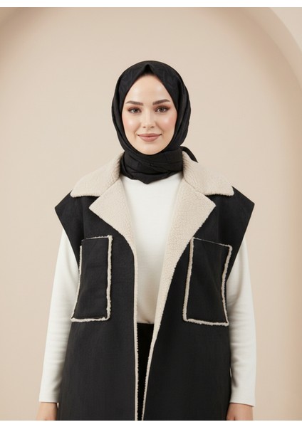 Kürklü Süet Üstten Çift Cepli Yelek-Siyah fiyatları