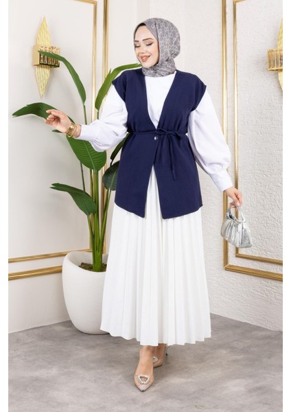 Tek Düğme Keten Yelek-Lacivert