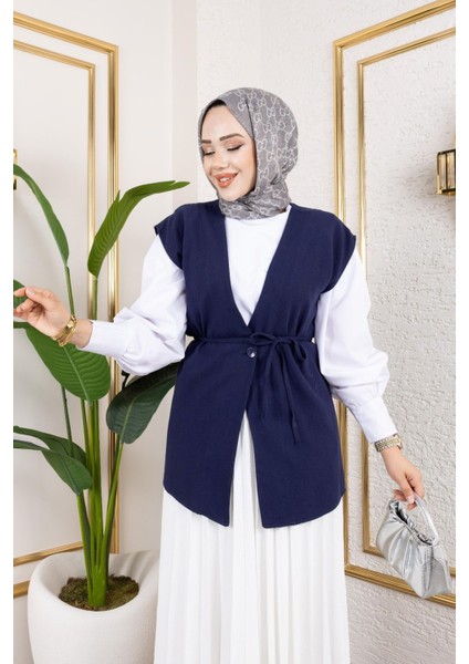 Tek Düğme Keten Yelek-Lacivert fiyatları