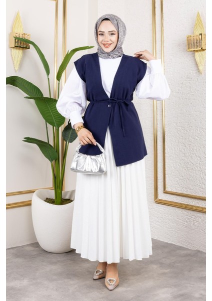 Tek Düğme Keten Yelek-Lacivert modelleri