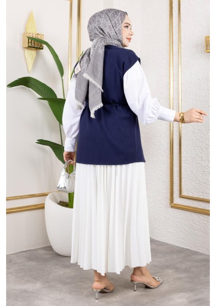 Tek Düğme Keten Yelek-Lacivert fırsatları