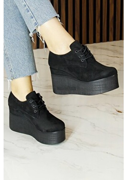 Apricity Siyah Süet Yuvarlak Burun Bağcıklı Gizli Dolgu Topuklu Günlük Ayakkabı