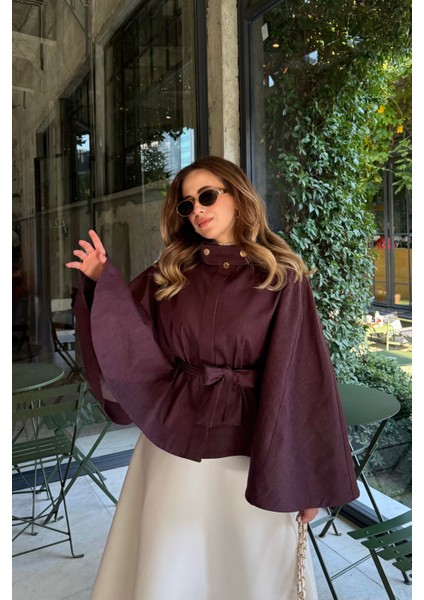 Gold Düğmeli Denim Panço Burgonya