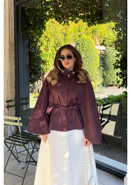 Gold Düğmeli Denim Panço Burgonya modelleri