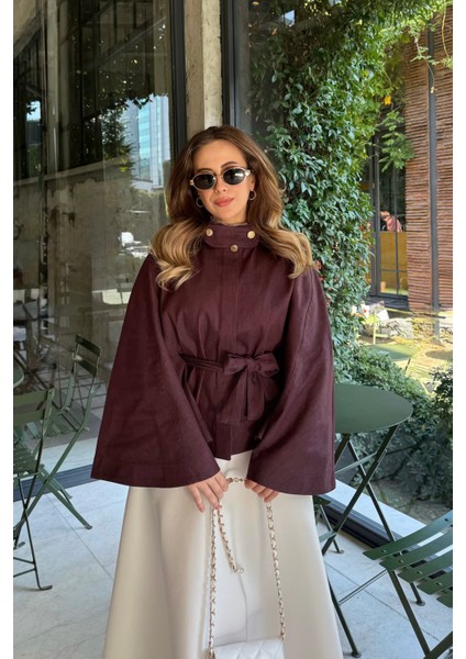 Gold Düğmeli Denim Panço Burgonya fırsatları