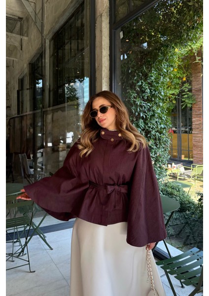 Gold Düğmeli Denim Panço Burgonya indirimleri