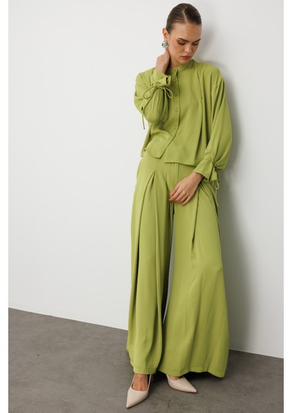 F.yeşili Mizalle Geniş Pileli Bol Kesim Şifon Yeşil Pantolon modelleri