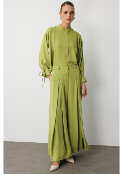 F.yeşili Mizalle Geniş Pileli Bol Kesim Şifon Yeşil Pantolon fırsatları