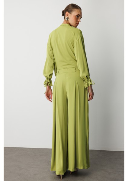 F.yeşili Mizalle Geniş Pileli Bol Kesim Şifon Yeşil Pantolon indirimleri