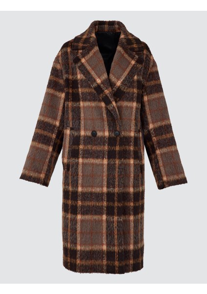 Turuncu Kruvaze Yaka Ekose Desenli Kaşe Kaban