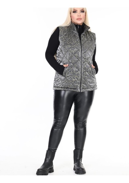 Kadın Büyük Beden Kapitone Beli Lastikli Dik Yaka Çift Cepli Leopar Desenli Haki Şişme Yelek fiyatları