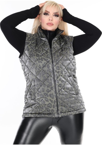 Kadın Büyük Beden Kapitone Beli Lastikli Dik Yaka Çift Cepli Leopar Desenli Haki Şişme Yelek indirimleri