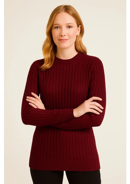 Bisiklet Yuvarlak Yaka Triko Kazak Pamuklu Kalın Fitilli Dokuma, Regular Fit Uzun Kollu Kışlık Model - Bordo