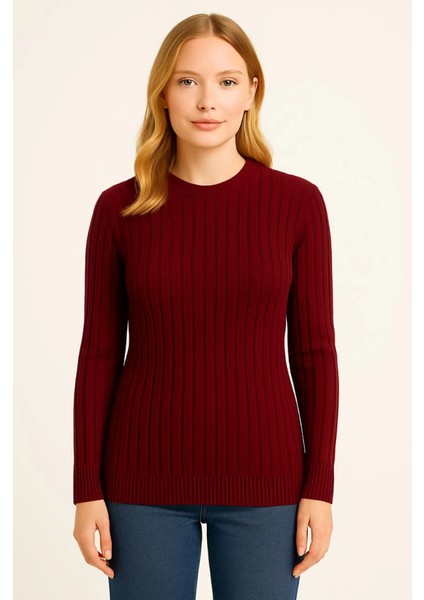 Bisiklet Yuvarlak Yaka Triko Kazak Pamuklu Kalın Fitilli Dokuma, Regular Fit Uzun Kollu Kışlık Model - Bordo fiyatları