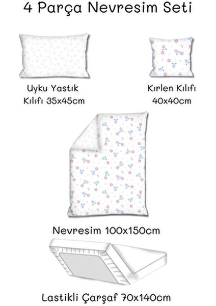 Bebek 4lü Uyku Seti %100 Pamuk 100X150CM Pembe Flying Baloon Nevresim Takımı 70X140 Lastikli Çarşaf