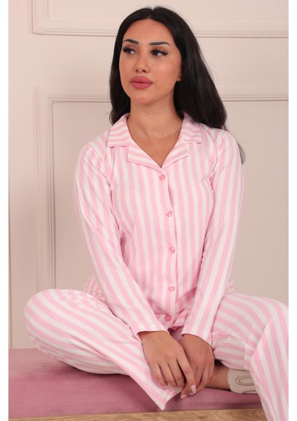 Kadın Dikey Çizgi Desenli Önü Düğmeli Süet Pijama Takımı fiyatları