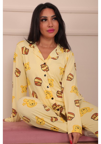 Kadın Ayıcık ve Bal Kavanozu Desenli Önü Düğmeli Uzun Kol Altı Uzun Milan Kumaş Pijama Takımı modelleri