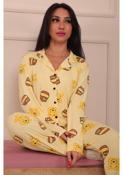 Kadın Ayıcık ve Bal Kavanozu Desenli Önü Düğmeli Uzun Kol Altı Uzun Milan Kumaş Pijama Takımı fırsatları