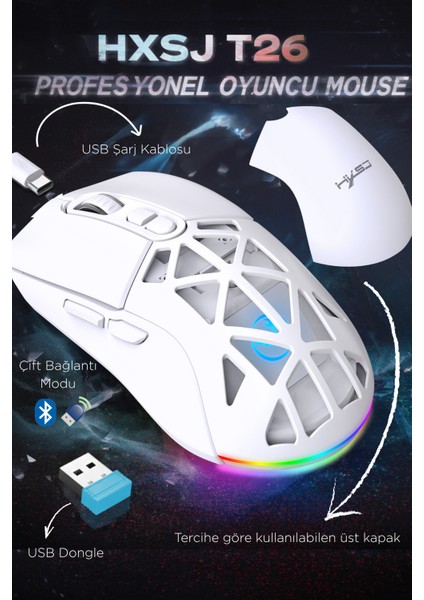 T26 Çift Modlu Oyun Faresi 2.4g + Bt5.1 Kablosuz Oyun Mouse 4800 Dpı Ayarlanabilir Ergonomik Optik Gamer Mouse