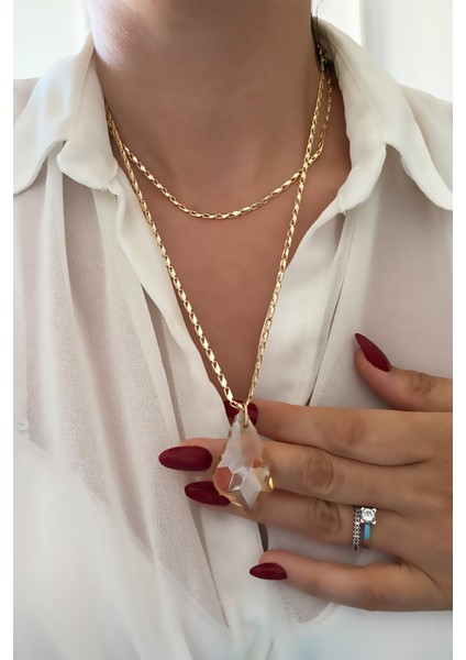 Çift Sıralı Kristal Uçlu Gold Kolye