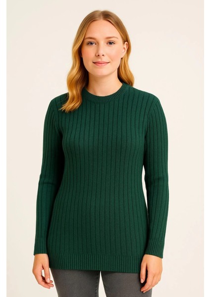 Bisiklet Yuvarlak Yaka Triko Kazak Pamuklu Kalın Fitilli Dokuma, Regular Fit Uzun Kollu Kışlık Model - Haki fiyatları