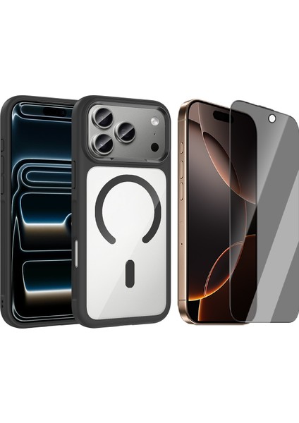 iPhone 17 Pro Max Kılıf M-Safe Şarj Özellikli Metal Kamera Çerçeveli Zore Tiko Kapak + Hayalet Ekran Koruyucu