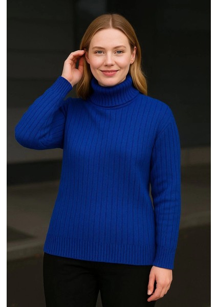 Balıkcı Yaka Bağazlı Triko Kazak Pamuklu Kalın Fitilli Dokuma - Saks Mavisi