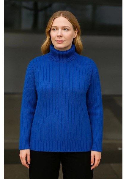 Balıkcı Yaka Bağazlı Triko Kazak Pamuklu Kalın Fitilli Dokuma - Saks Mavisi modelleri
