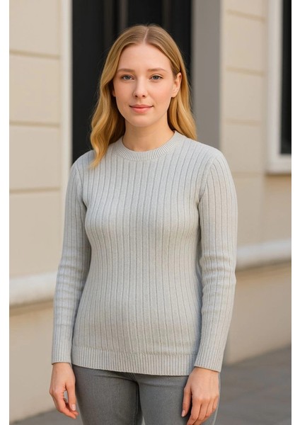 Bisiklet Yuvarlak Yaka Triko Kazak Pamuklu Kalın Fitilli Dokuma, Regular Fit Uzun Kollu Kışlık Model - Gri fiyatları