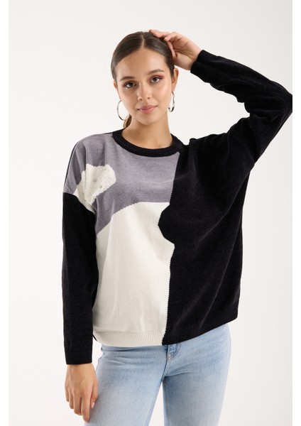 Kadın Siyah Şönil Kadife Renk Bloklu Taş Detaylı Bisiklet Yaka Triko Kazak