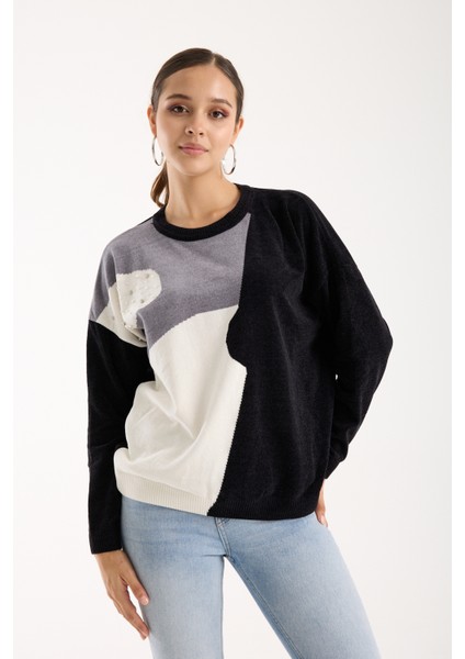 Kadın Siyah Şönil Kadife Renk Bloklu Taş Detaylı Bisiklet Yaka Triko Kazak modelleri