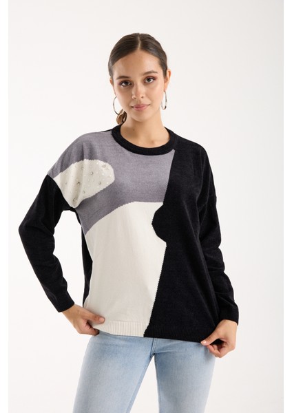 Kadın Siyah Şönil Kadife Renk Bloklu Taş Detaylı Bisiklet Yaka Triko Kazak fırsatları