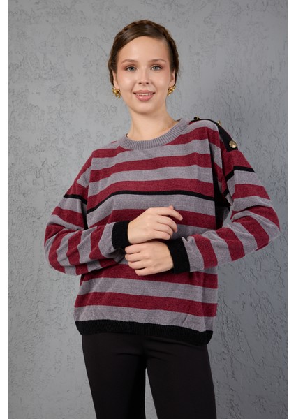 Kadın Gri-Bordo Çizgili Şönil Kadife Bisiklet Yaka Omuzda Düğme Detaylı Triko Kazak
