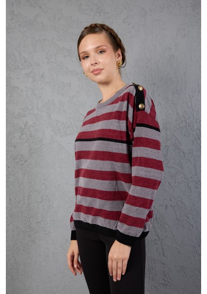 Kadın Gri-Bordo Çizgili Şönil Kadife Bisiklet Yaka Omuzda Düğme Detaylı Triko Kazak fiyatları