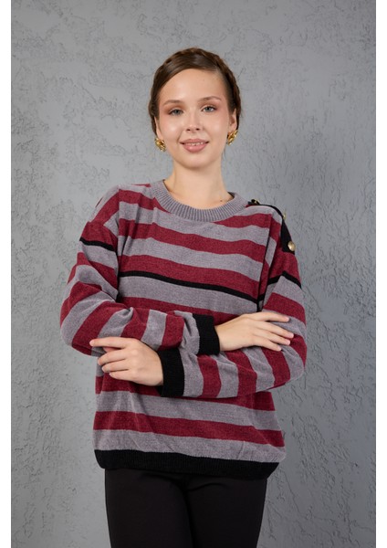 Kadın Gri-Bordo Çizgili Şönil Kadife Bisiklet Yaka Omuzda Düğme Detaylı Triko Kazak modelleri