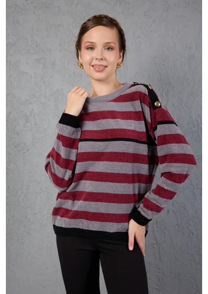 Kadın Gri-Bordo Çizgili Şönil Kadife Bisiklet Yaka Omuzda Düğme Detaylı Triko Kazak fırsatları