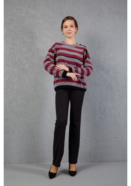 Kadın Gri-Bordo Çizgili Şönil Kadife Bisiklet Yaka Omuzda Düğme Detaylı Triko Kazak