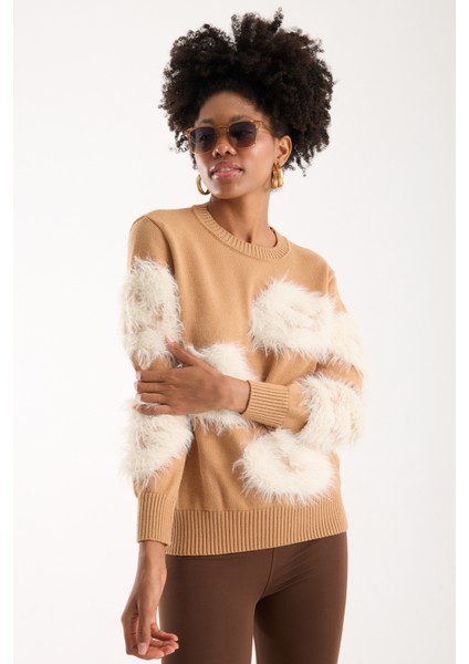 Kadın Bej Sakal Iplik Bisiklet Yaka Triko Kazak modelleri