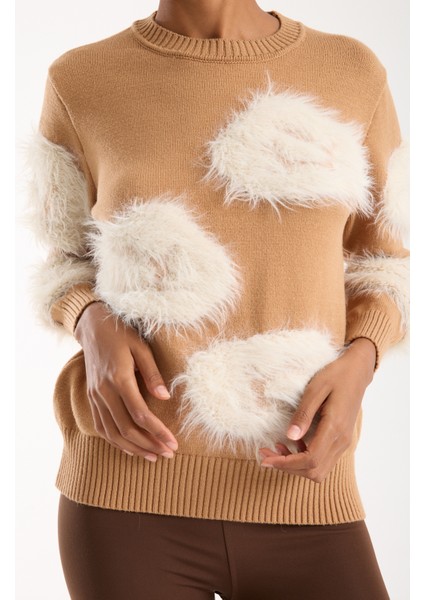 Kadın Bej Sakal Iplik Bisiklet Yaka Triko Kazak fırsatları